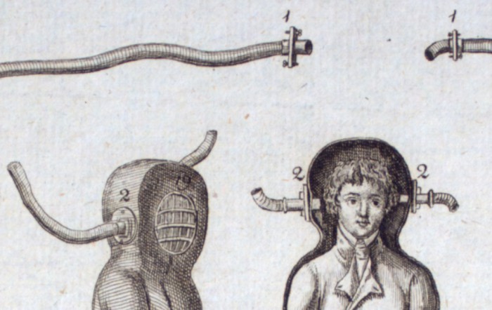 Die Luftanschlüsse sind im Detail nicht klar erkennbar, mehrdeutig gezeichnet.  Dazu schrieb der Augenzeuge: An beiden Enden dieser Schläuche ließ Herr Kreeft zwei starke hohle Messingschrauben (Fig. 1) befestigen, deren eine einer er, bevor er in die Tiefe hinabstieg, in der im Buseruhn zur Seite angebrachten Mutter (Fig 2) und am anderen Ende einen 3 bis 4 Fuß langen Blasebalg (Fig 3) einschrauben ließ.