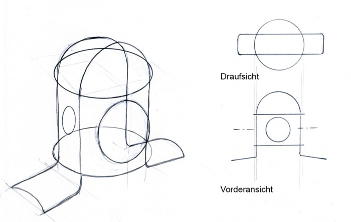 Hier ist das Helmgerüst (Gestäbe des Busseruhns) etwas anders konstruiert.  Rechts und links sitzt es auf den Schultern und wird so von den Gewichtsgurten gehalten.  Über die beiden seitlichen Schlauchanschlüsse und den inneren Frontfensterflansch, wird es mit dem Lederhelm verbunden.   Das Gerüst könnte aus 8mm Messing zusammgelötet werden (Hartlot) und muß sich von unten in den Helm schieben lassen.  Der Helm ist auf meinen Skizzen etwas zu hoch geraten, aber das spielt erstmal keine Rolle.