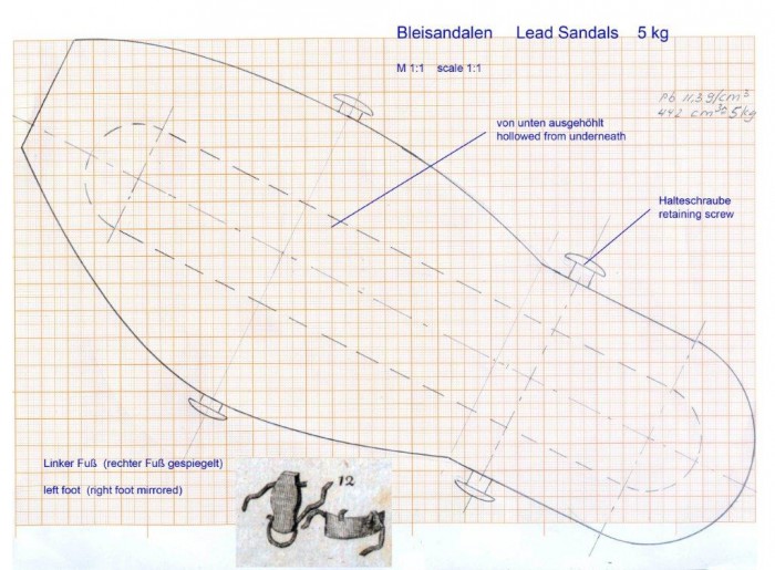img033#.jpg (141.09 KiB) 21571 mal betrachtet Wir brauchen bei den Bleisandalen eine gewisse "Sohlendicke" damit genug Platz ist für die Lederbeschläge. Damit die Dinger nicht mehr als je 5kg wiegen, sind sie von unten ausgehöhlt.