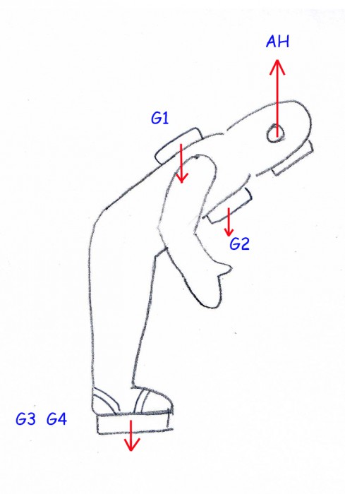 Damit der Taucher sich nach vorn beugen kann um zu arbeiten oder nach unten zu schauen,  müssen wir die Gewichte oben, nah am Helm anhängen.  Die Summe der Gewichte G1 und G2 muß den Helmauftrieb kompensieren. Die Bleisandalen G3 &amp; G4 halten den Taucher am Boden.<br />Ob sich der Taucher soweit wie hier dargestellt, nach vorn beugen kann ist fraglich, denn mit zunehmendem &quot;Beugewinkel&quot; vergrößert sich die Hebelwirkung des Helms  nach oben.  Bei leichter Beugung kann der Taucher mit seiner Stirn gegen die Scheibe drücken und  die Hebelwirkung des Helms etwas kompensieren.