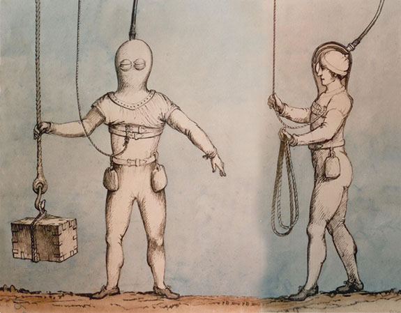 Deane Gewichte um 1830. Wir können aus bekannten Gründen keinen Bauchgurt verwenden.<br />a) Es würde mit der Bauchkausche Probleme geben<br />b) Die Anzugnähte im Bereich der Bauchkausche würden zusätzlich belastet. <br />c) Wir brauchen ein Gurtsystem, daß Kreefts leichten Lederhelm auf den Schultern hält. Das ist der wichtigste Grund. Der Deane Helm ist aus Kupfer gewesen und war dadurch viel schwerer.