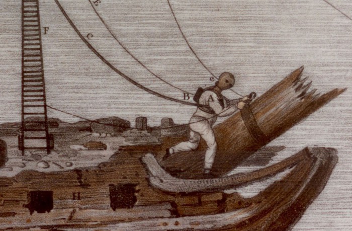 Die 1832er Variante im Einsatz.  Auch hier sieht man, wie auf den Kreeft-Stichen, unrealistische Details. Der Halsdurchmesser am Helm ist viel zu klein.