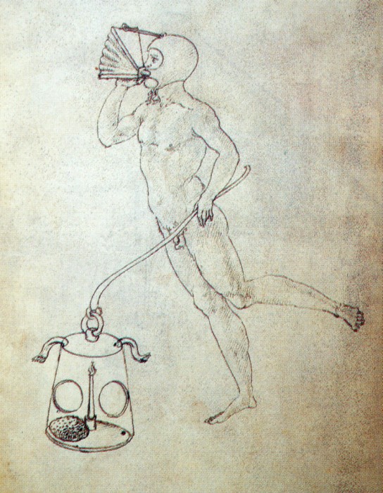 10b.jpeg (798.87 KiB) 65214 mal betrachtet Es ist sogar ein Taucher mit Balg und Lampe dabei. . . Diese Abbildung sehe ich zum ersten Mal. Weiss jemand mehr darüber? Aus England hat Nigel Phillips dazu geantwortet. Die Zeichnung stammt aus einem Manuskript: Palat. 767, Biblioteca Nazionale Centrale, Florence, ca. 1500, Autor unbekannt.<br />Peter Dick hat ebenfalls geantwortet. Das Bild wird Maestro Francesco of Siena' zugeschrieben. Das Original ist im Britischen Museum: Add. Ms. 34,113.f.180v.